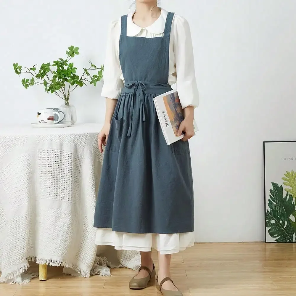 Brief Nordic Wind Pleated Skirt Cotton Linen Apron Women Girls Vintage Apron Gardening Works Cross Back Pinafore Dress