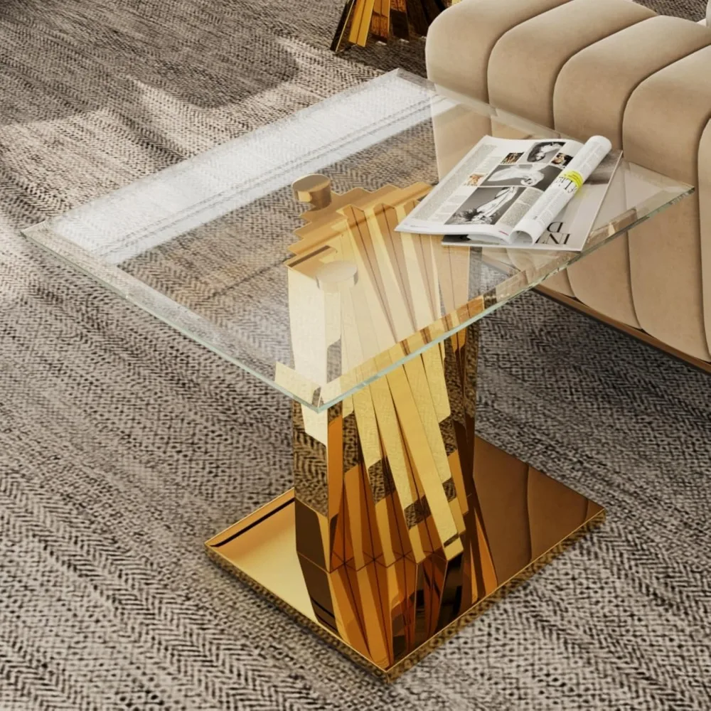 Modern End Table Set of 2 for Living Room, Clear Glass End Table with Polished Stainless Steel Base, Side Table for Hallway