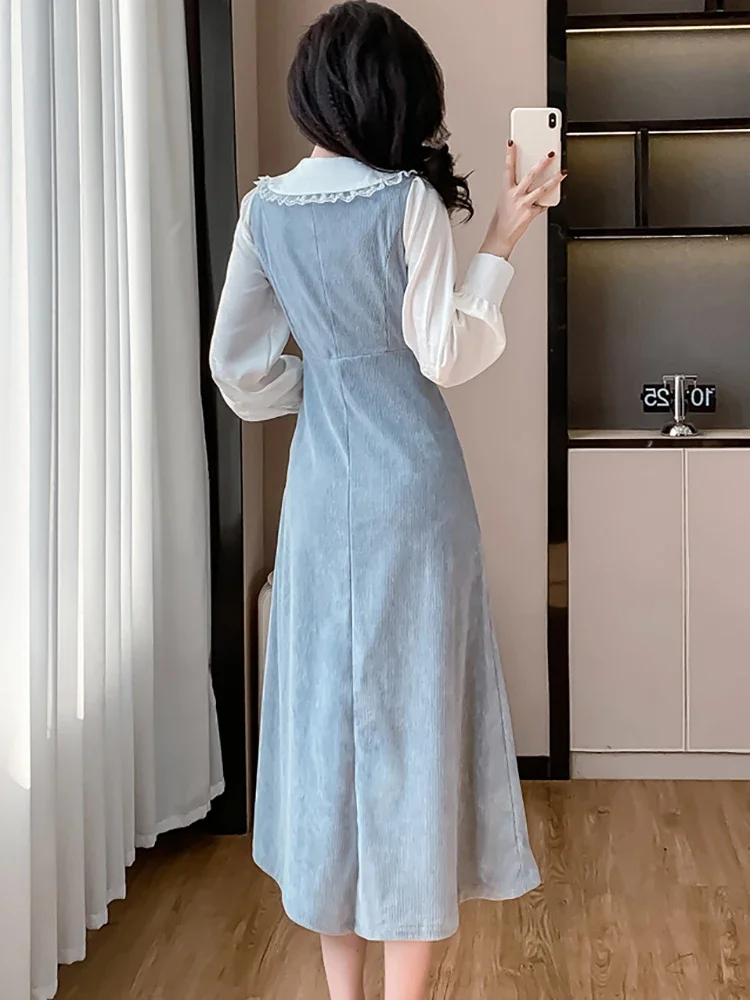 Automne hiver blanc Chic nœud dentelle poupée col t-shirts + bleu velours côtelé sangle robe deux pièces ensembles 2025 femmes coréen robe costumes