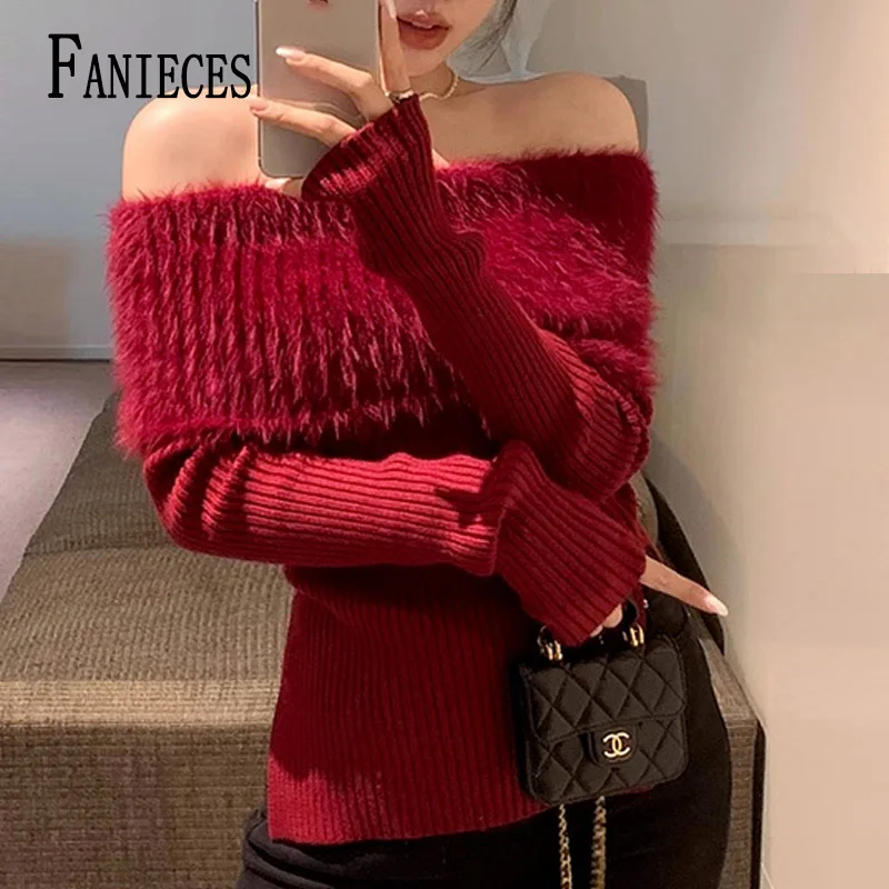 

свитер Wine Red Off Shouder Sexy Sweater Women Slash Neck Slim Knitwear Pullover Long Sleeve Mink Cashmere Turtleneck Knit Top니트