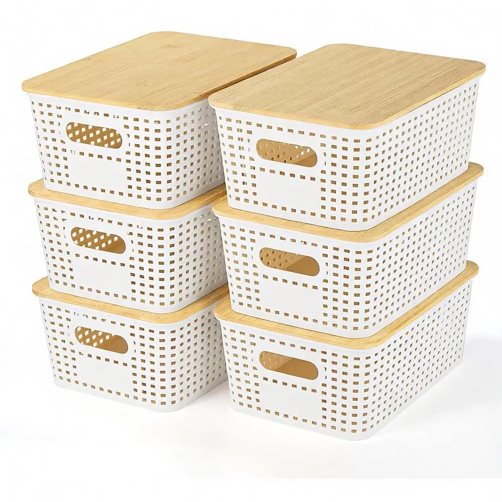 

Складные пластиковые корзины для хранения с бамбуковой крышкой - набор из 6 штук для организации рабочего стола, гардероба, игровой комнаты и офиса