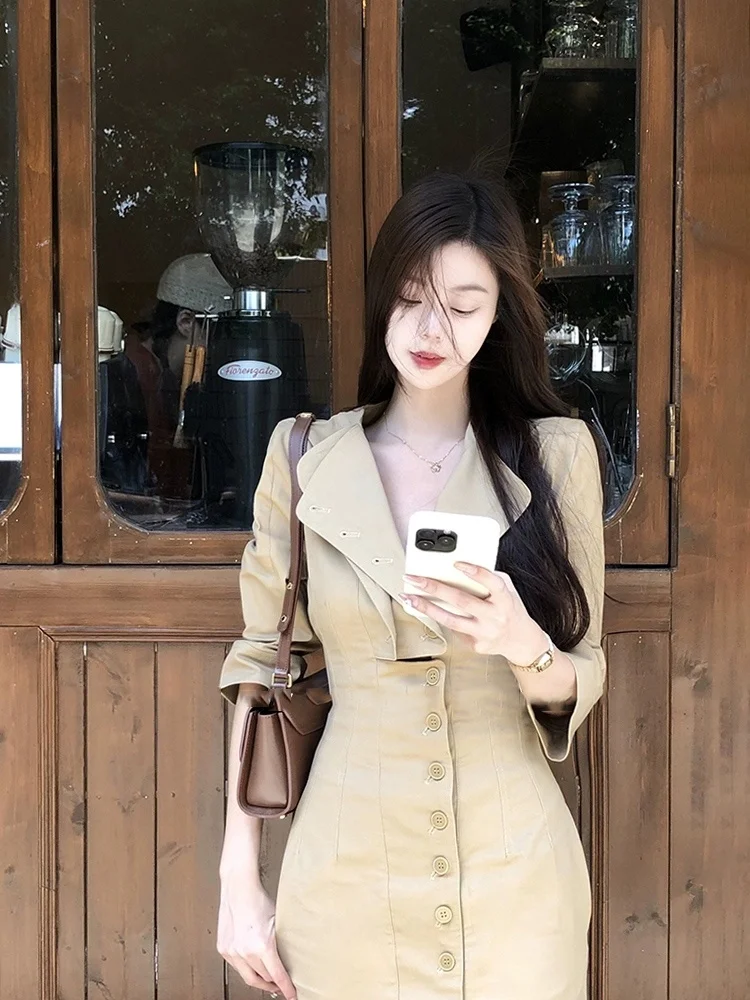 

XZY Retro Slim Fit Long Dr with Stand Collar Single Button High Waist Slimming Wrap around Skirt for plus Size Women