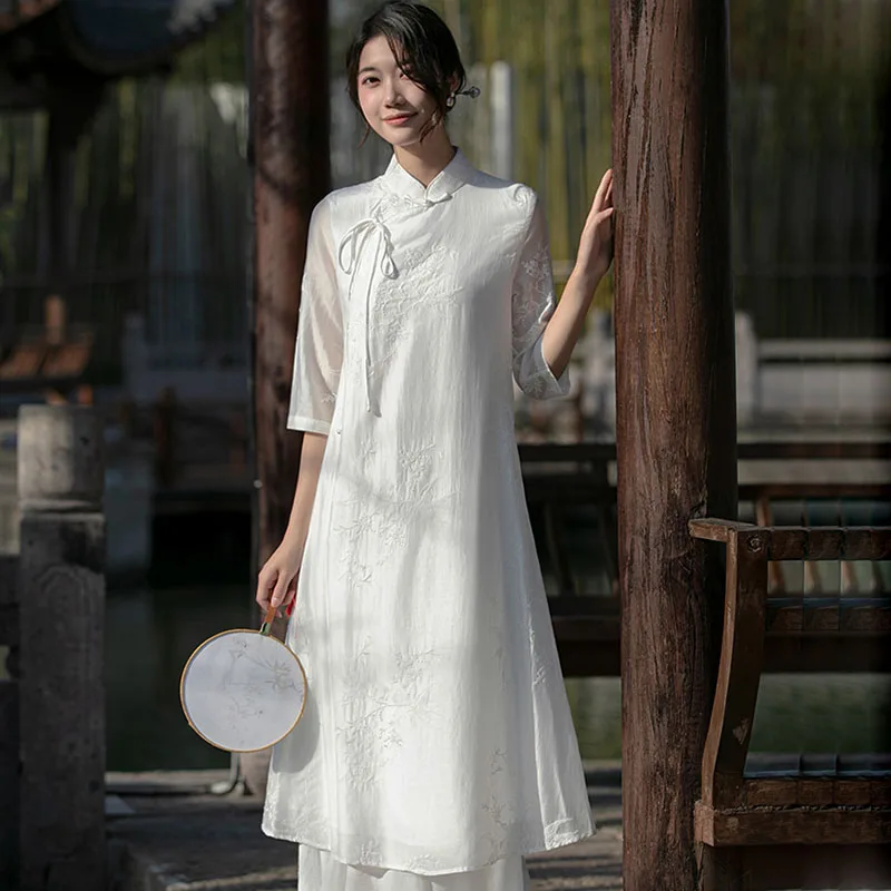 

Original Temperament Fashion Tencel Embroidery Solid Color Half Sleeve Dress Womens Summer Light Hanfu Ancient Style Long Dress