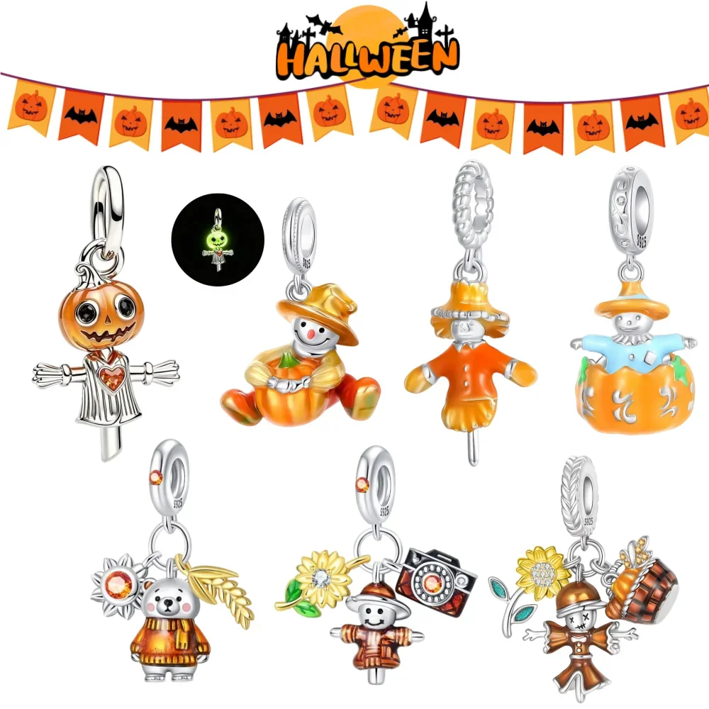925 Sterling Silber Herz Zirkon Vogelscheuche Kürbis Charms Anhänger Passend für Original Armbänder Damen DIY Schmuck Halloween Party Geschenk – Detail 1