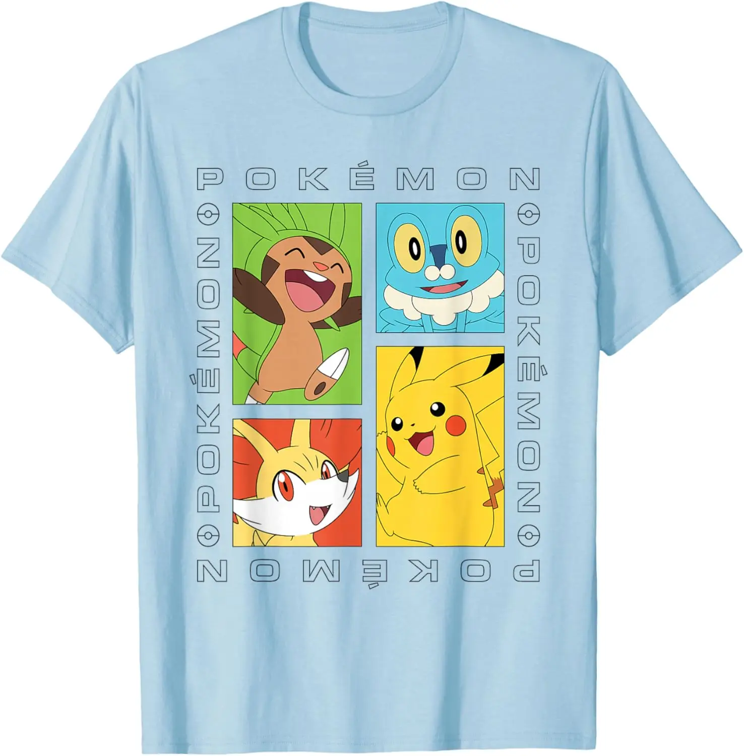 Camiseta Pokémon - Pikachu, Froakie, Fennekin, Chespin, Grupo Kalos, Tallas S-6XL