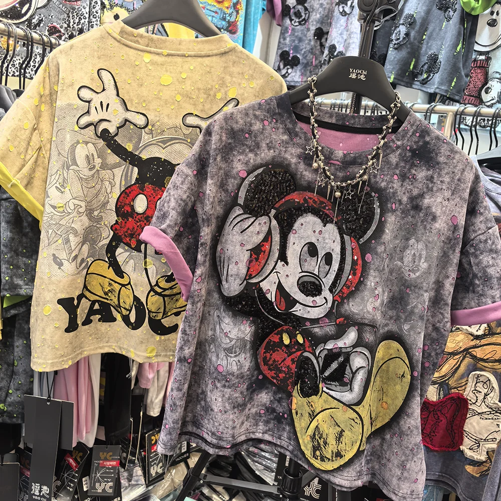 

Женская футболка оверсайз с эффектом потертости, винтажная, свободного кроя, с мультяшным принтом и пайетками, с коротким рукавом, удобный повседневный топ