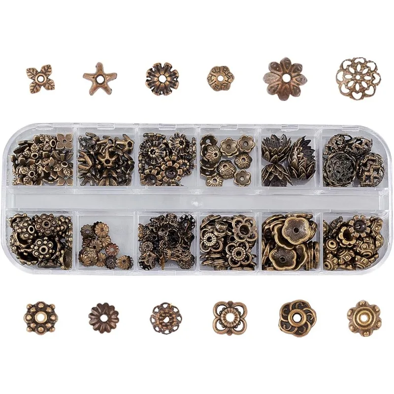 1 Box 240Pcs 12 Styles Spacer Beads Caps Bulk Vintage Style Antique Bronze Flower Bead Caps Alloy Metal Loose Spacer Fixed Mixed