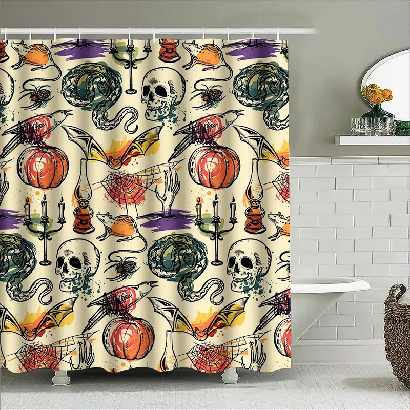 

Tuniu Spooky Halloween Bat Skull Candle Witchcraft Shower Curtain Waterproof Bathroom Decor 150x170cm