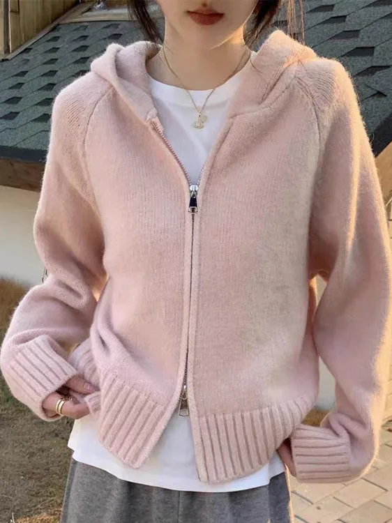 Cardigan aperto lavorato a maglia con cappuccio coreano Sle Capispalla da donna Design Sensation Maglione pigro e delicato Jaet Autunno Inverno