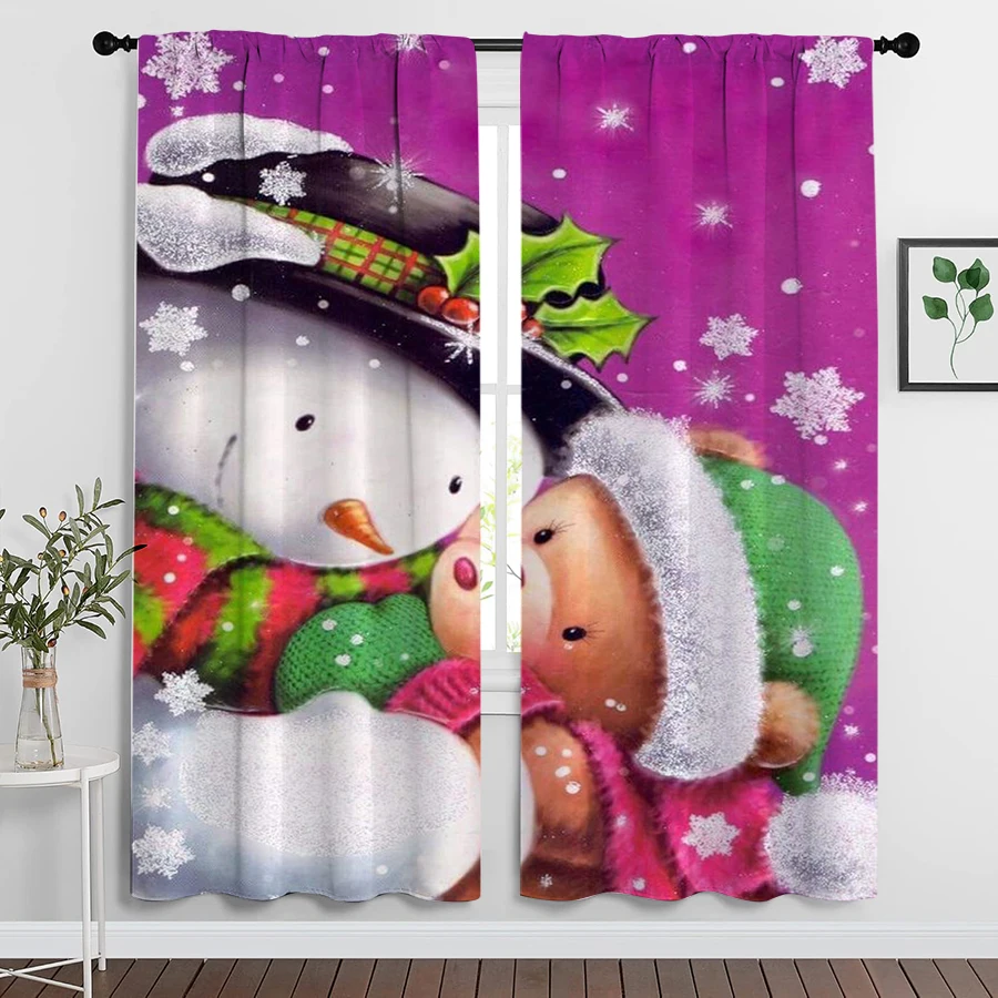 2PCS Christmas Winter Curtains, Purple Snowman, Digital Print, Bedroom Living Room Kitchen, Rod Pocket Polyester, Home Decor