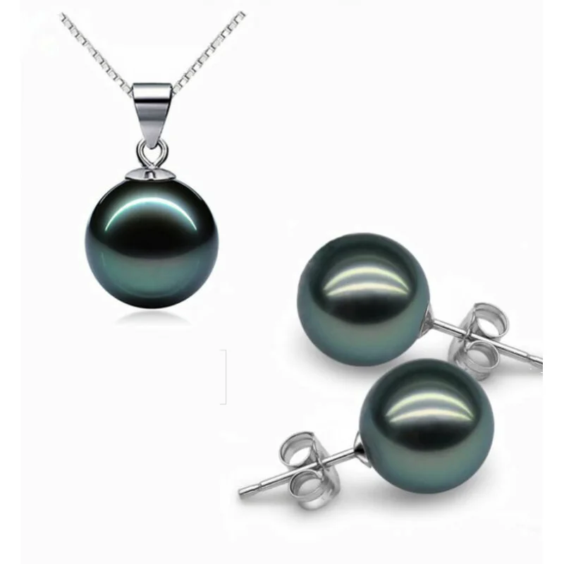 

Sterling Silver 12mm Bla Tahitian Shell Pearl Nelace 8mm Stud Earrings Set