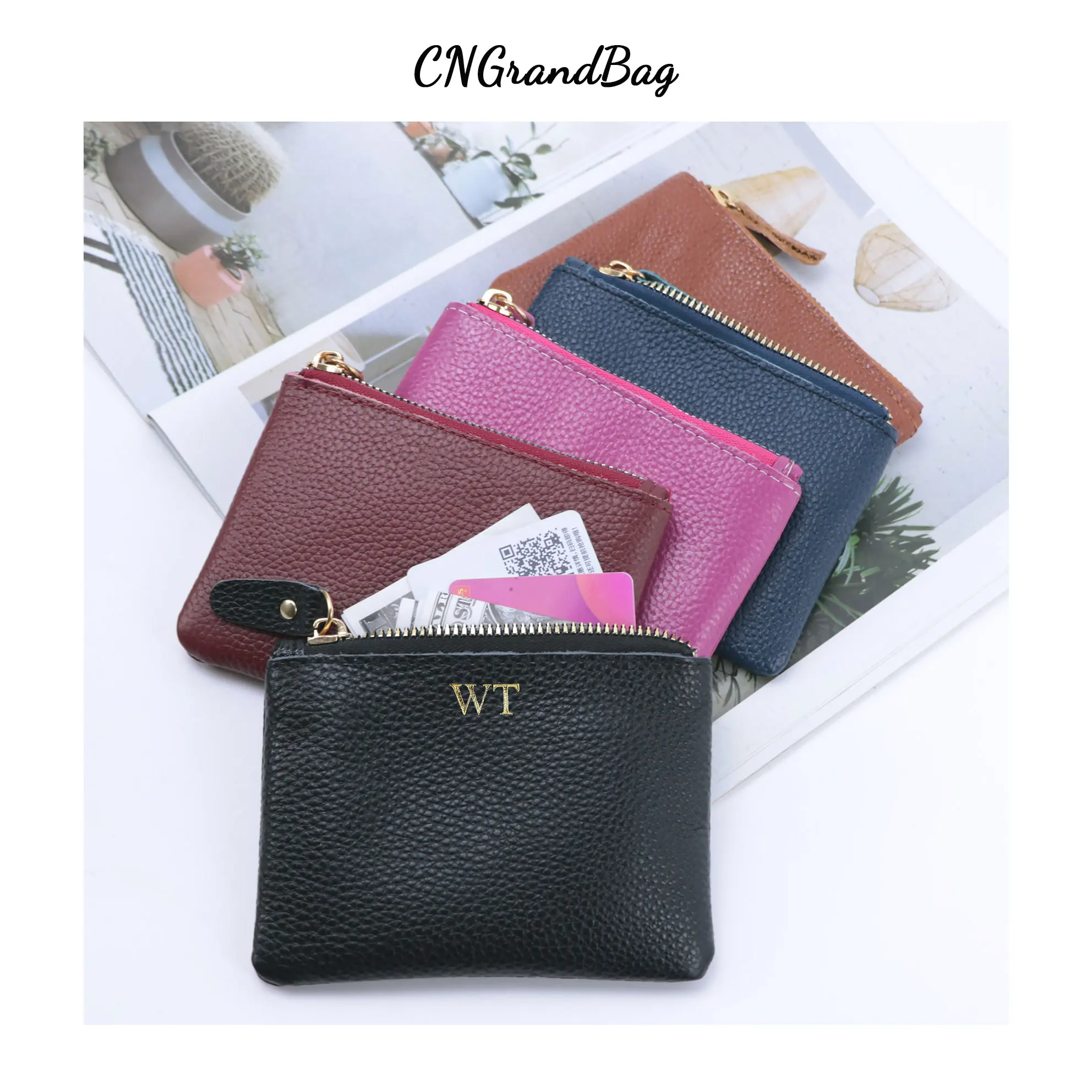 

Customed Initial Letters Genuine Pebble Leather Ladies Mini Zipper Coin Purse Men's Wallet Card Holder Portable Coin Bag