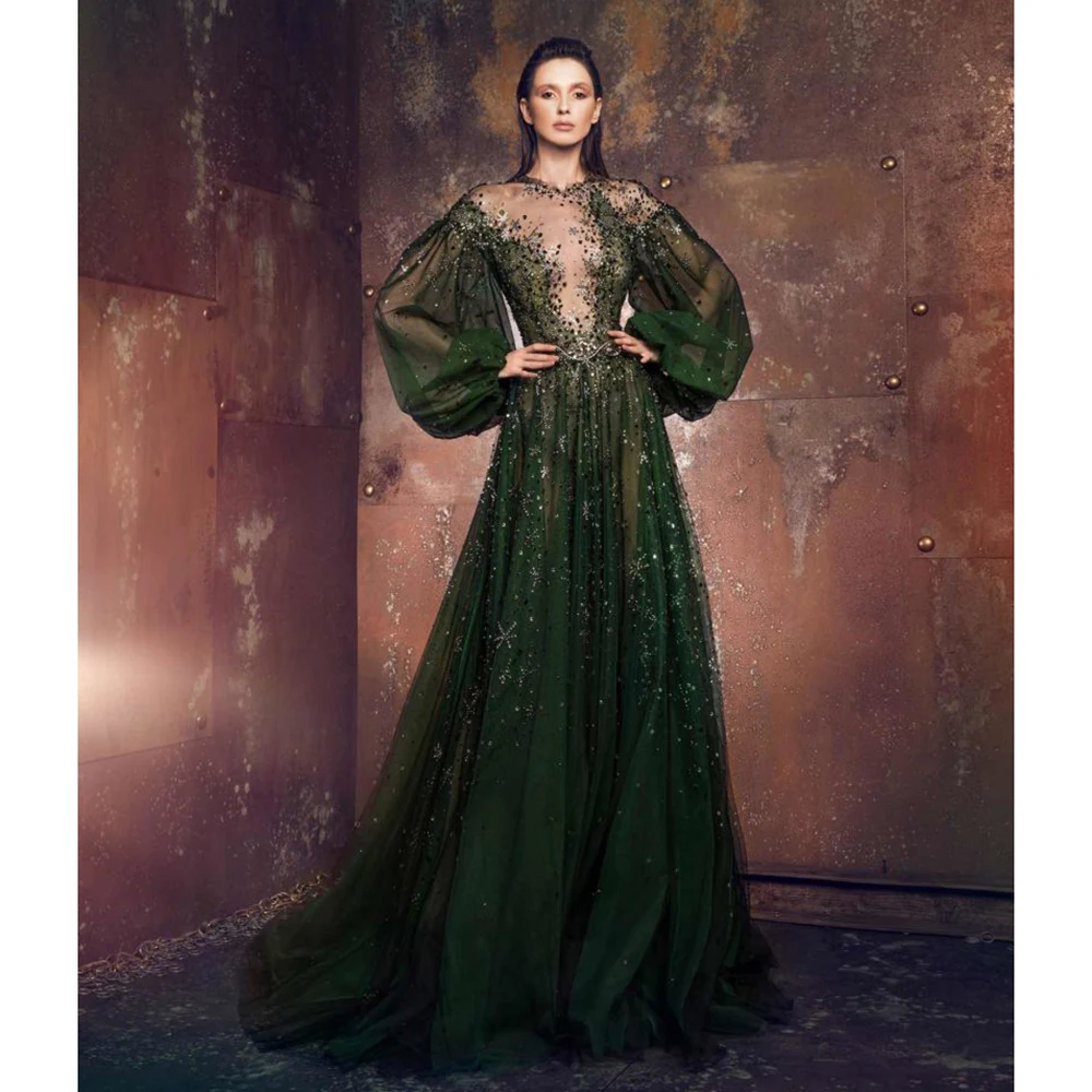 Dark Green O-Neck Puff Sleeves Prom Dress Luxury Crystal Sequined Pearls Sweep Train A-Line Gowns Elegant Evening Party Dresses