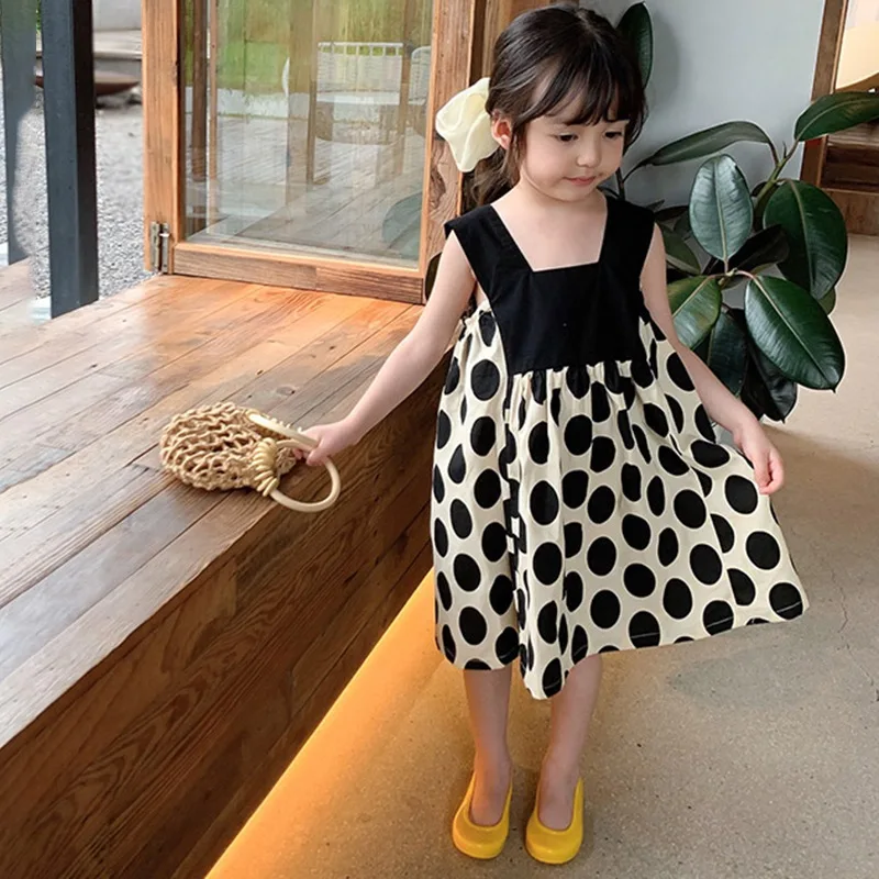 Summer Girl Polka Dot Print Waist Puff Dress Cute Princess Dress Square Neck Casual Dress