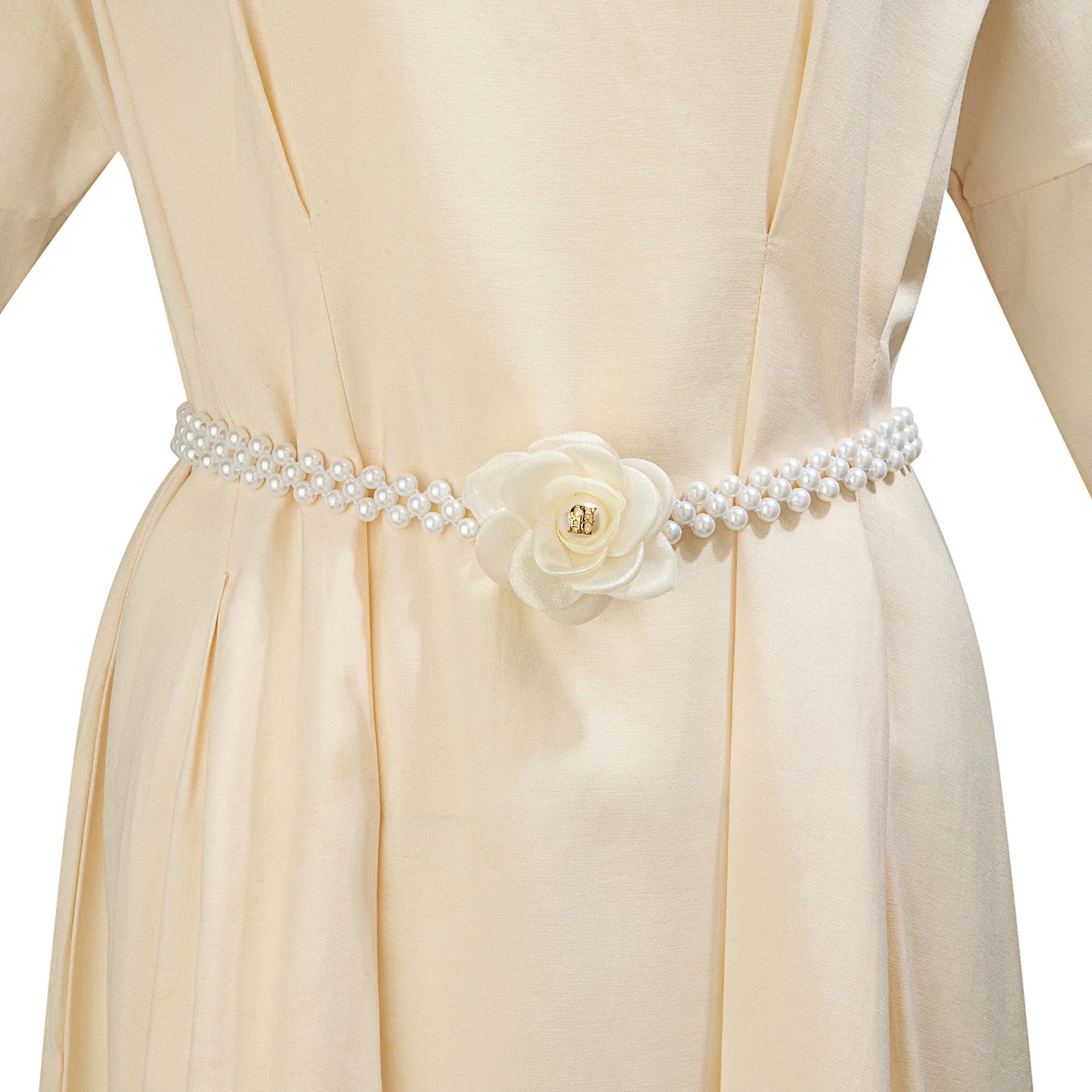 

CH French Flower Pearl Belt White Faux Pearls Gold Buckle Wedding Date Light Luxury Elegant Clothing Accessory Red Gift Box Set