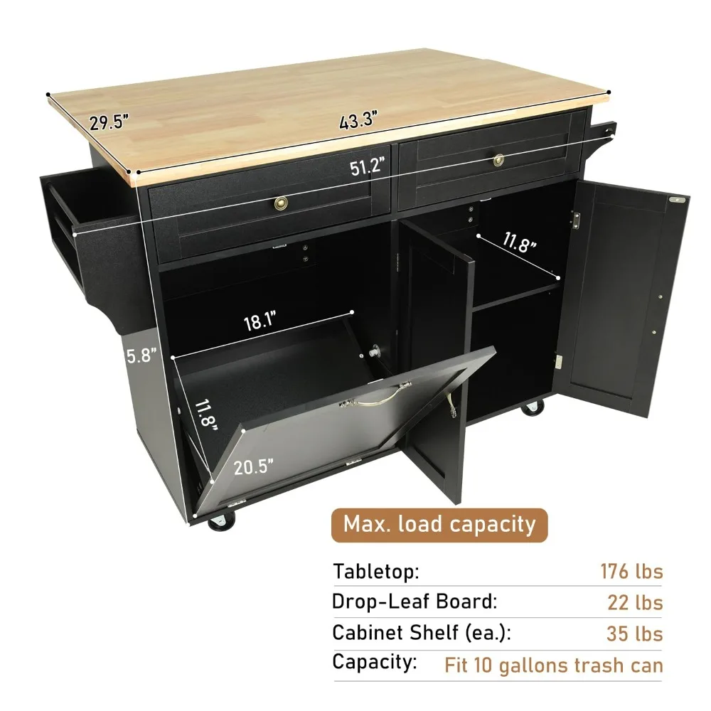 Rolling Kitchen Island, Kitchen Trash Cabinet Tilt Out Storage with Drop Leaf, Storage Islands Movable Carts, Kitchen Island