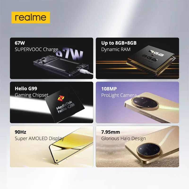 [Мировая премьера] Realme 11 67 Вт SUPERVOOC Charge 108MP ProLight Камера Helio G99 Процессор 6,4 дюйма 90 Гц Super AMOLED Дисплей NFC