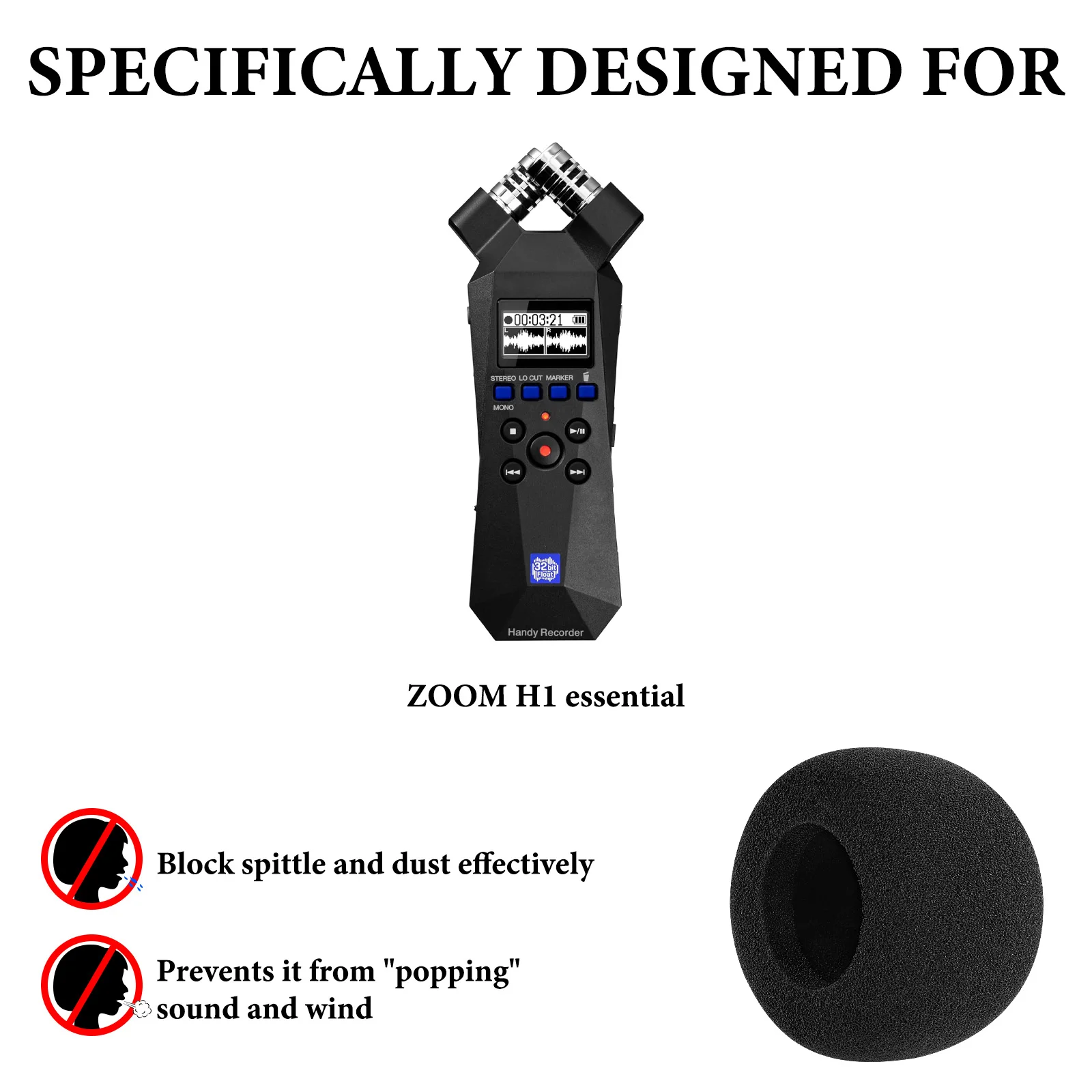 Geekria Foam Windscreen for ZOOM H1, Black