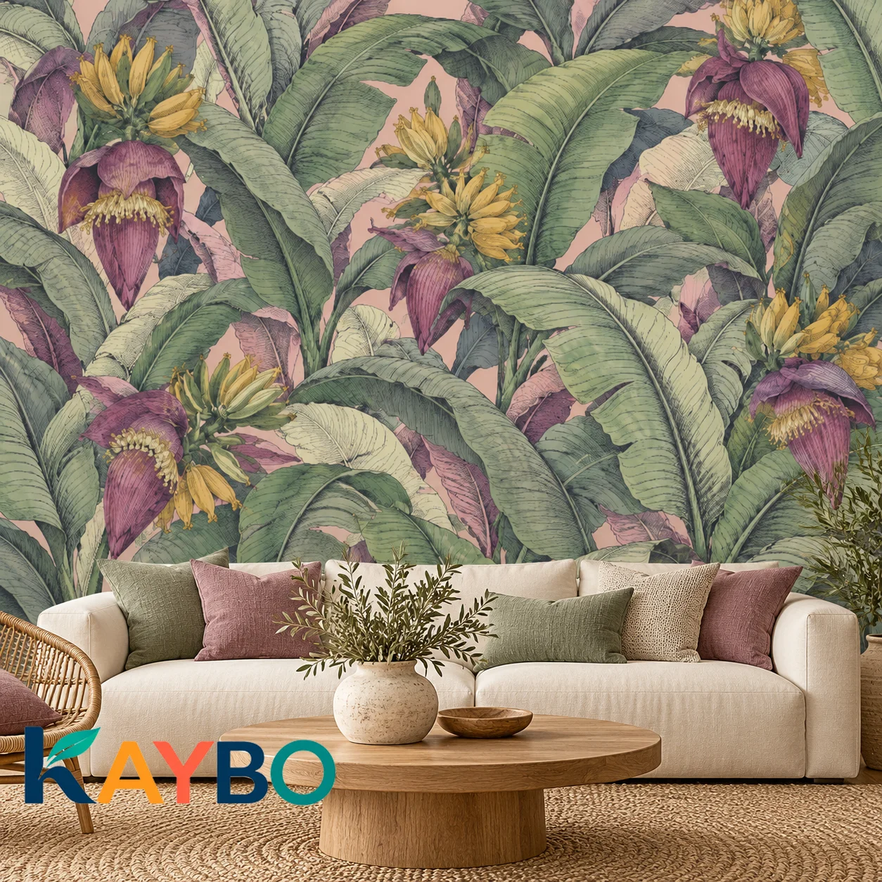 Tropical Wallpaper Mural, Banana Leaf Wall Decor, Vintage Botanical Banana Blossom Prints, Pink Jungle Accent, Non Self Adhesive