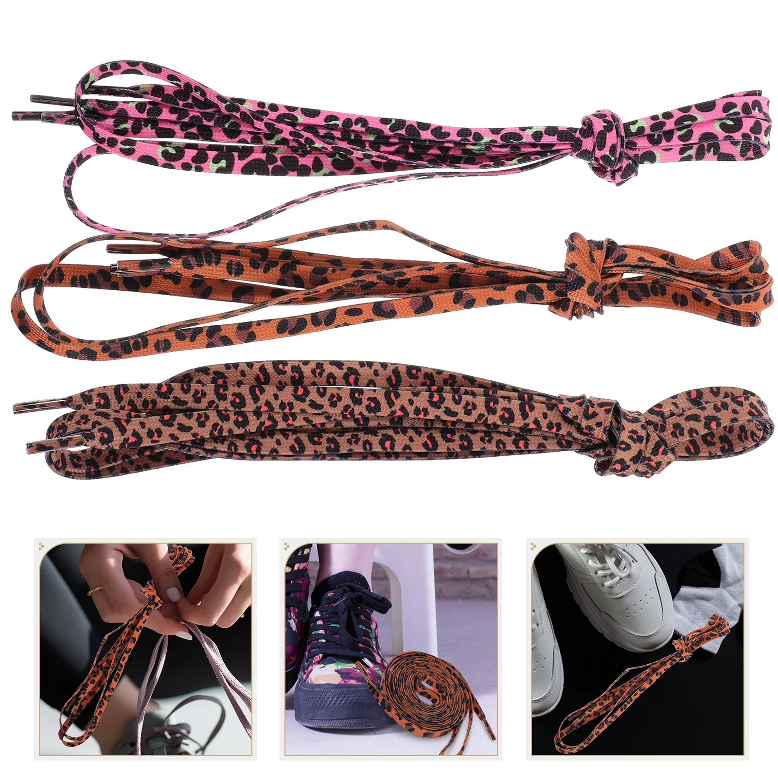 Cordones con estampado de leopardo para zapatillas de deporte, cordones decorativos planos de poliéster, 3 pares