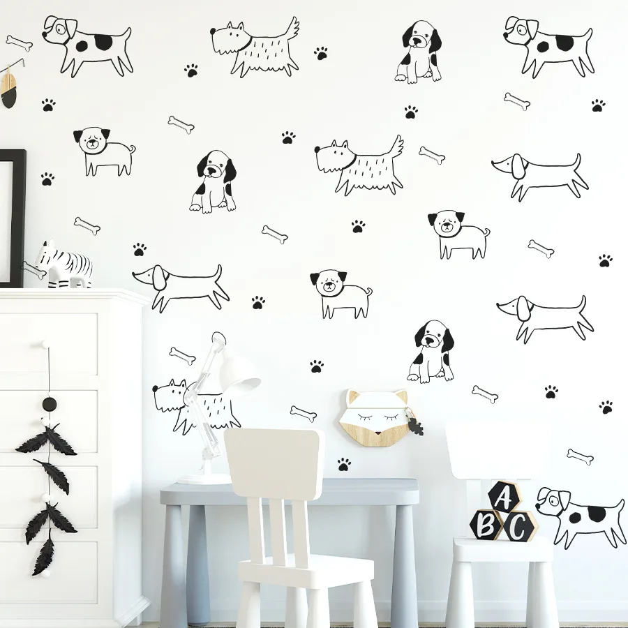 Cartoon Cute Puppy Bone Wall Decals Black Sketch Dog Bones Wall Sticker Self-adhesive for Kids Room Living Room Pet Store Decor