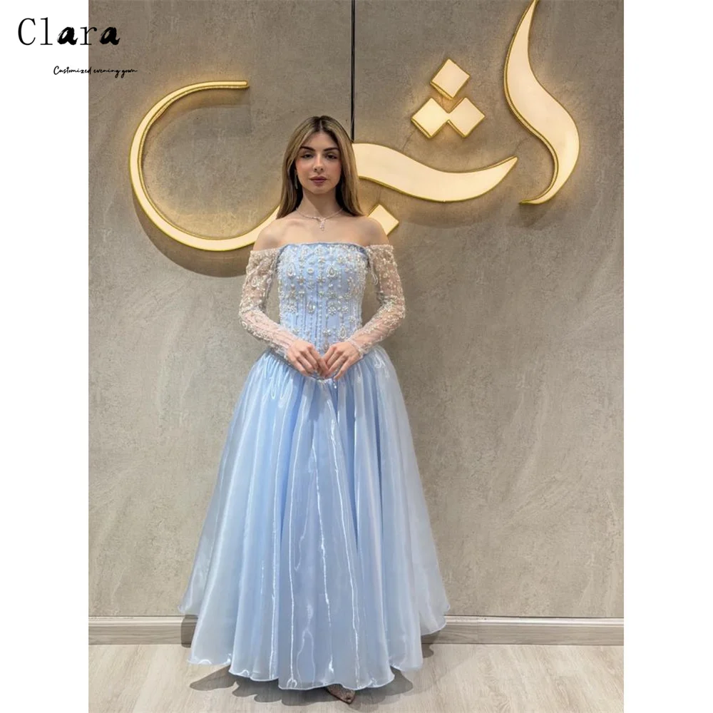 Clara Custom Sky Blue Beaded Off-shoulder A-line Luxurious Party Dresses for Luxury Party Evening Dresses Wedding Elegant Gown