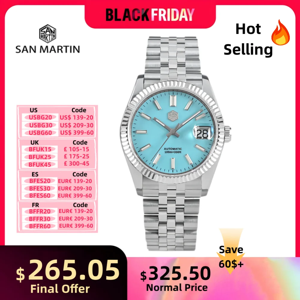 San Martin Watch For Men Mechanical Watches Waterproof 36.5mm Wristwatch Luxury Automatic Date Sapphire Glass Lume 10Bar SN0058x