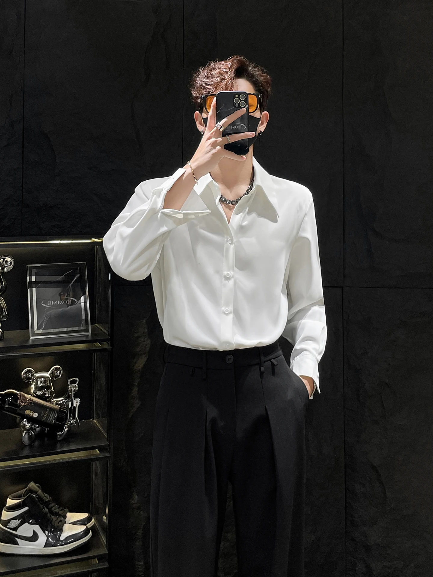 

HOMME Men's irt oulder Pads Long Sve arp Collar Drapey White Base Layer Inner Wear Korean Sle Loose Fit Youthful