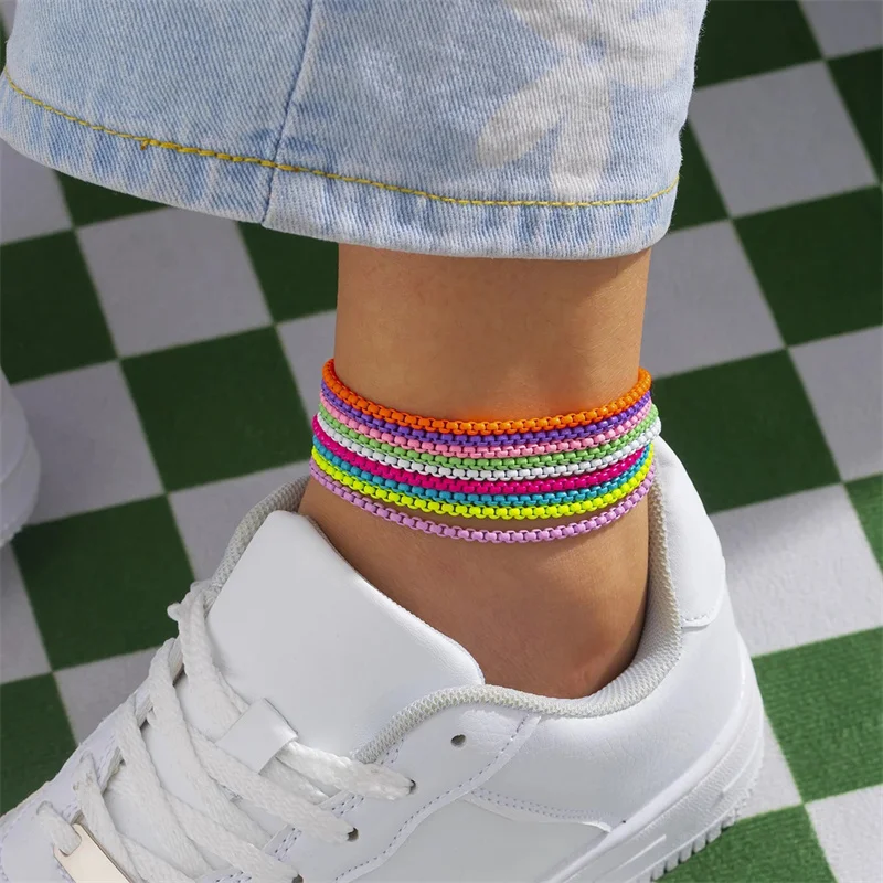 Colourful Adjustable Metal Chain Anklet Bracelet For Women Summer Beach Thin Chain Ankle Barefoot Y2K Female Foot Jewelry