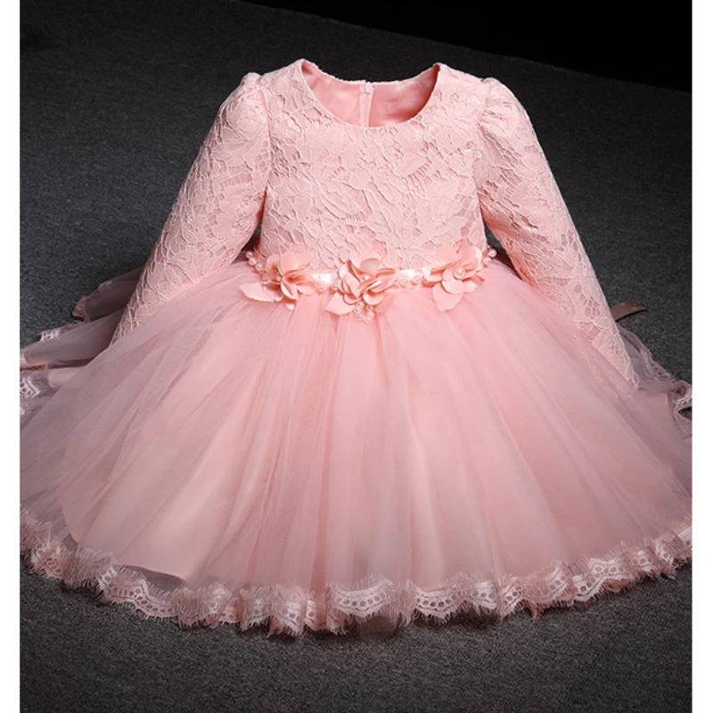 2-10Y Kids Knee-Length Flower Girl Dress Lace Tulle Tiered Formal Prom Gown Beading Appliques Bow Performance Dresses