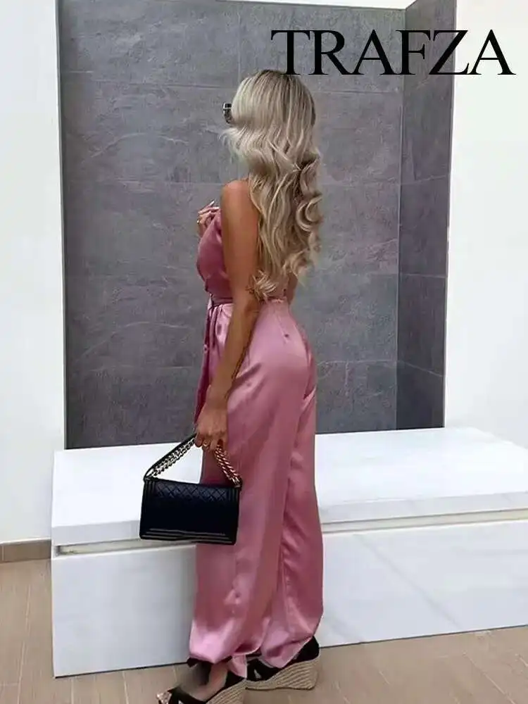 

New Summer Fashion Women Jumpsuit Pink V-Neck Sleeveless Backless Belt Decorate Zipper Female Streetwear Style Jumpsuits