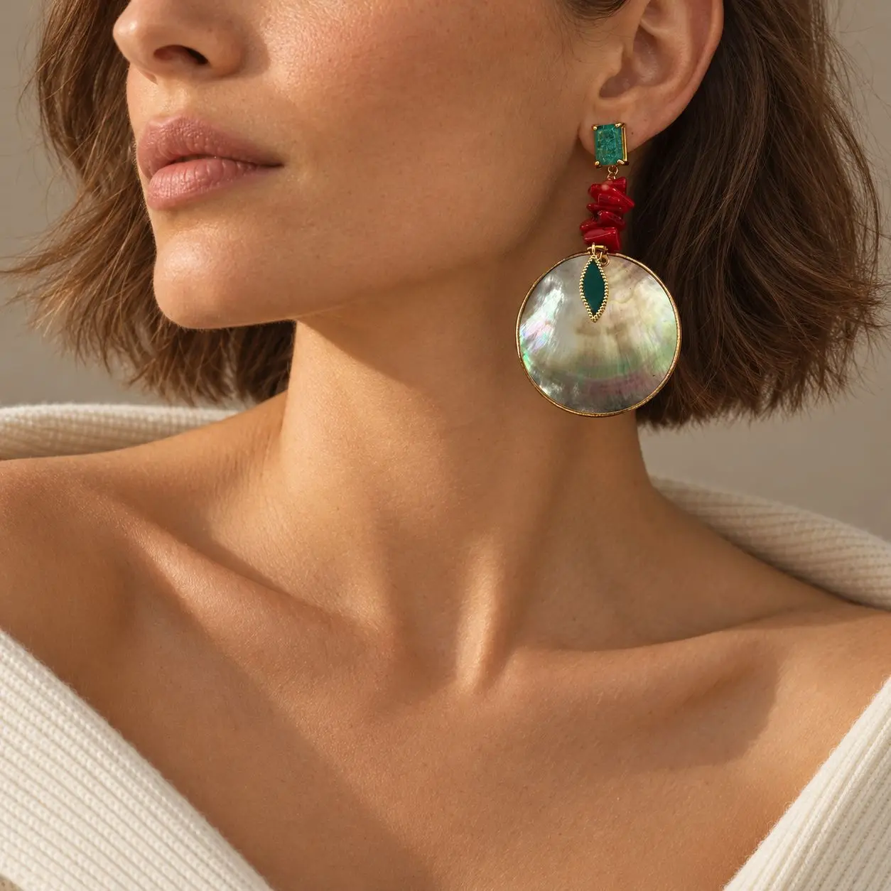 Coral Shell Round Slice Long Dangle Earrings Copper Set Zircon Leaf Enamel Vintage Vacation Ear Jewelry For Women Accessories