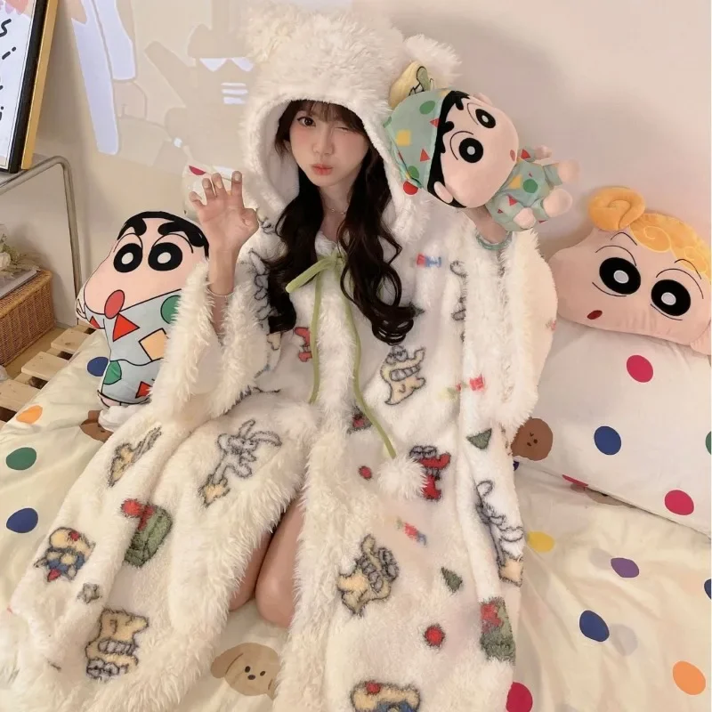 Crayon Shin-chan Cape Cloak Pajamas Women Winter Models Anime Kawaii Waniyama San Coral Velvet Thickened Home Clothes Pajamas