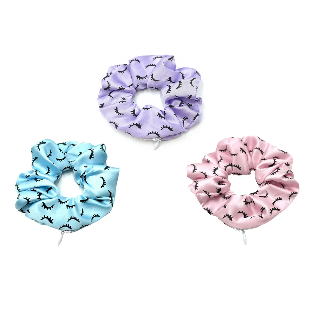 20pcs 3 Colors Silk Satin Eyelash Scrunchies with Zipper Pocket Wallet Scrunchies Elastic Band Headwear Hair Tie Ponytail Holder