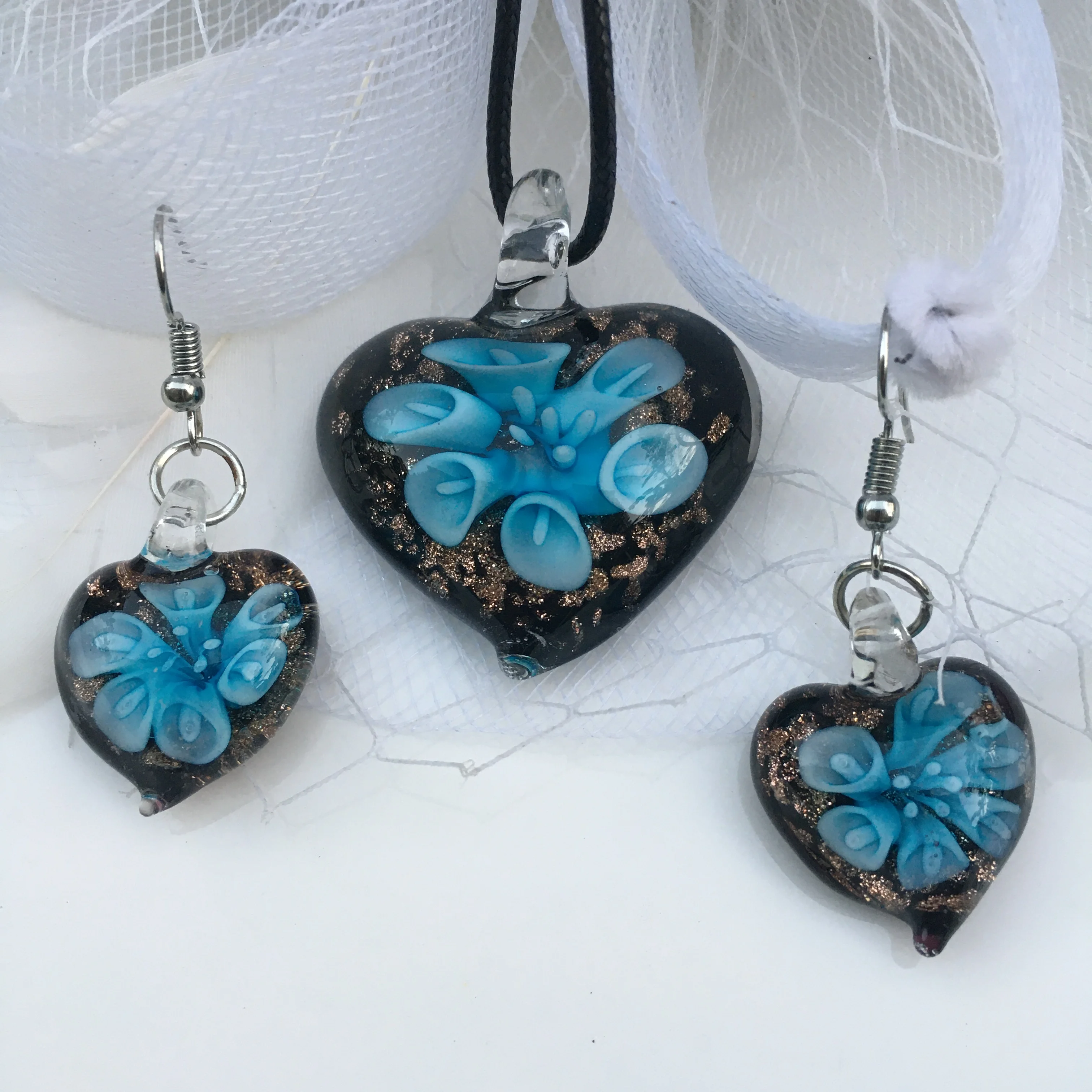 1 Set Wholesale Handmade Blue Murano Glass Flower Drop Lampwork Pendant Necklace Earring  Jewelry Set Cheap Item