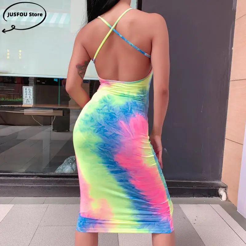 เซ็กซี่2022ฤดูร้อนผู้หญิง Mixi ชุด Slip Backless Bodycon Tie Dye Elegant Robe แฟชั่นสูงเอว Slim Party หญิงชุด