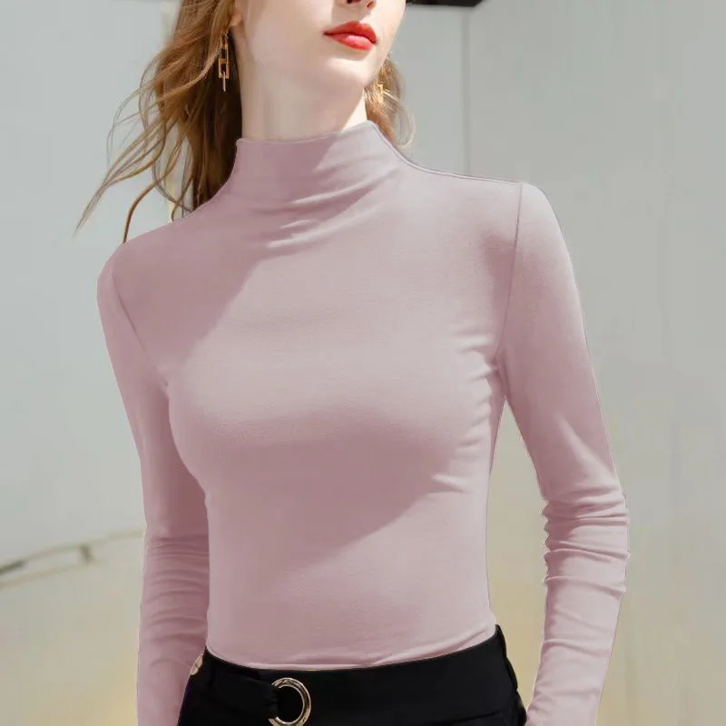 1pcs Women Spring Autumn Thin Long-sleeved T-shirt  Lady Thermal Underwear Slim Fit Fashion Casual Style Half High Collar Top