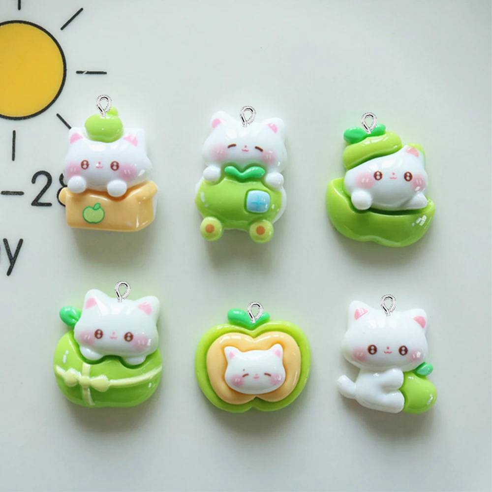 10PCS Shiny Green Apple Cat Series Flat Back Charms For Earrings Bracelet Hairpin DIY Jewelry Pendants Decoration Accessories