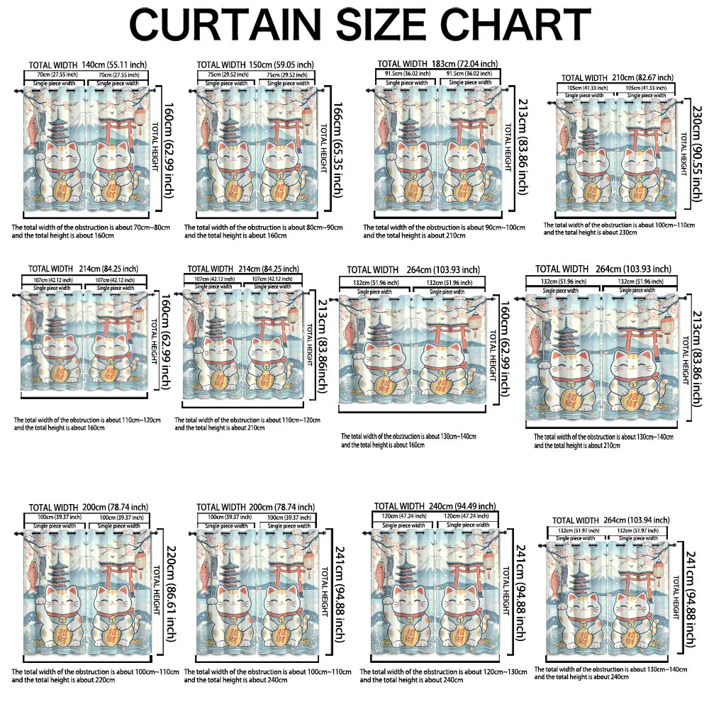 2pcs 90g brushed fabric curtains Japanese lucky cat Mount Fuji cherry blossom koi fish patterns perfect for home decoration