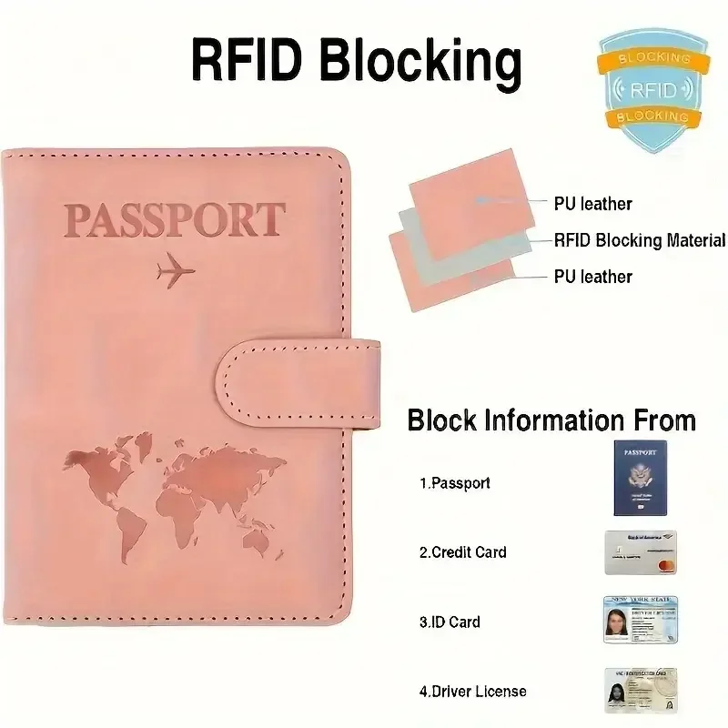 Unisex RFID Blocking Travel Passport Accessory Holder -Secure Anti-Theft Passport Organizer -Embossed World Map -Pattern Design -Travel Card Holder with Magnetic Closure, Foldable Design view 3