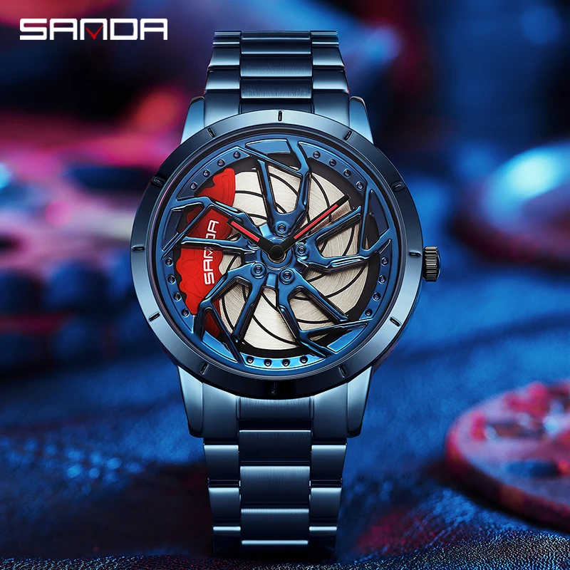 SANDA P1086 2023 new Fashion Hub Custom Design Sports Car Rim Waterproof Creative Male Watches Mens Wheel Quartz Wristwatches