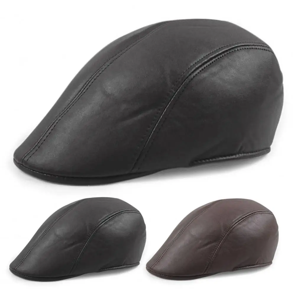 Winter Men Newsboy Cabbie Hat Faux Leather Driver Cap Waterproof Man Berets Leather British Vintage Flat Caps Newsboy Caps