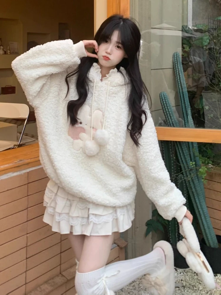 Y2k Aesthetic Lamb Wool Hoodies Women Causal Loose Cartoon Embroidery Hoodie Harajuku Rabbit\'s Ears Hoody Grunge Thick Cute Coat