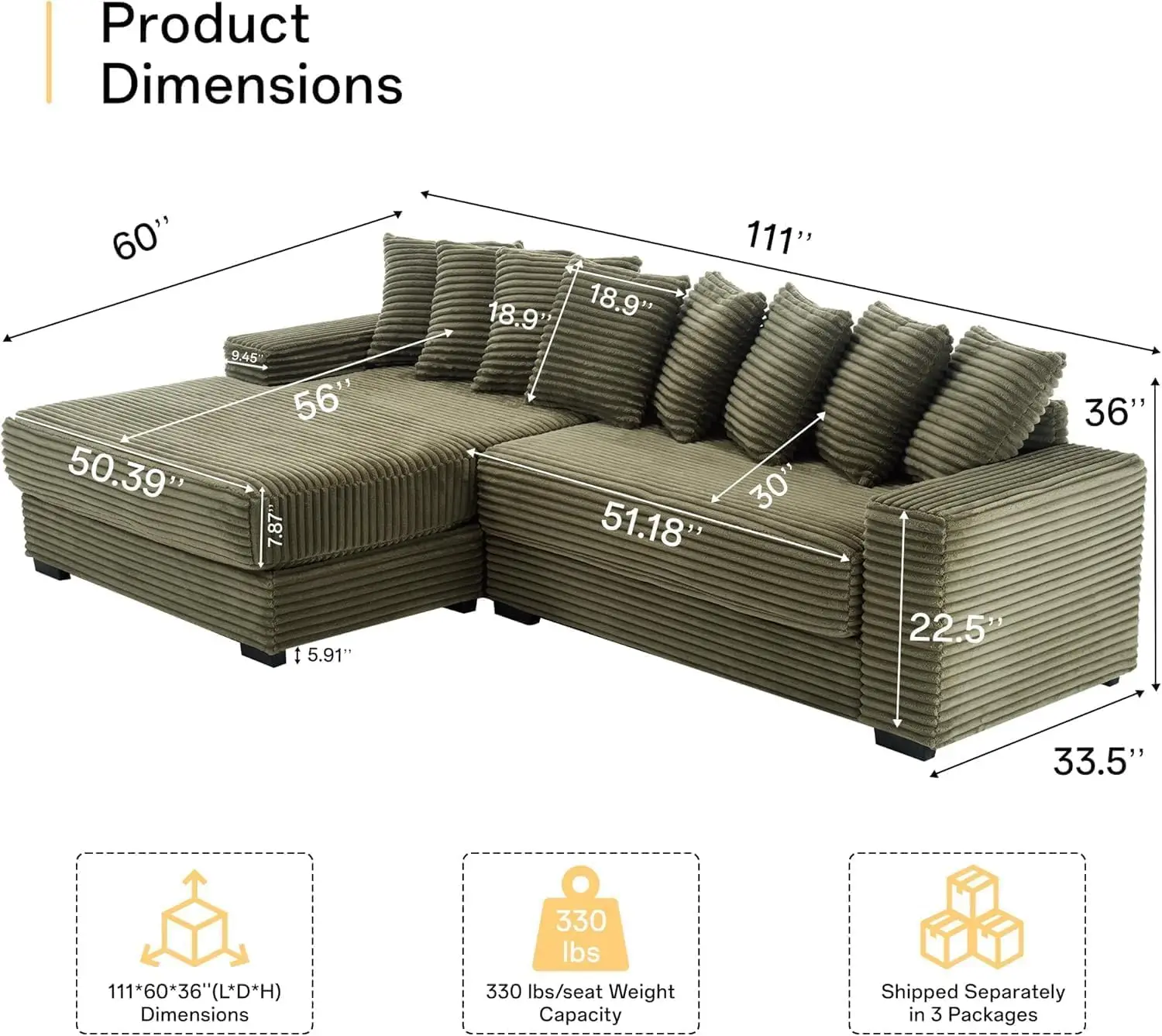 L Shaped Modular Cloud Couch with 8 Pillows, Corduroy Fabric Sectional Couch with Large Chaise for Living Room, Customized