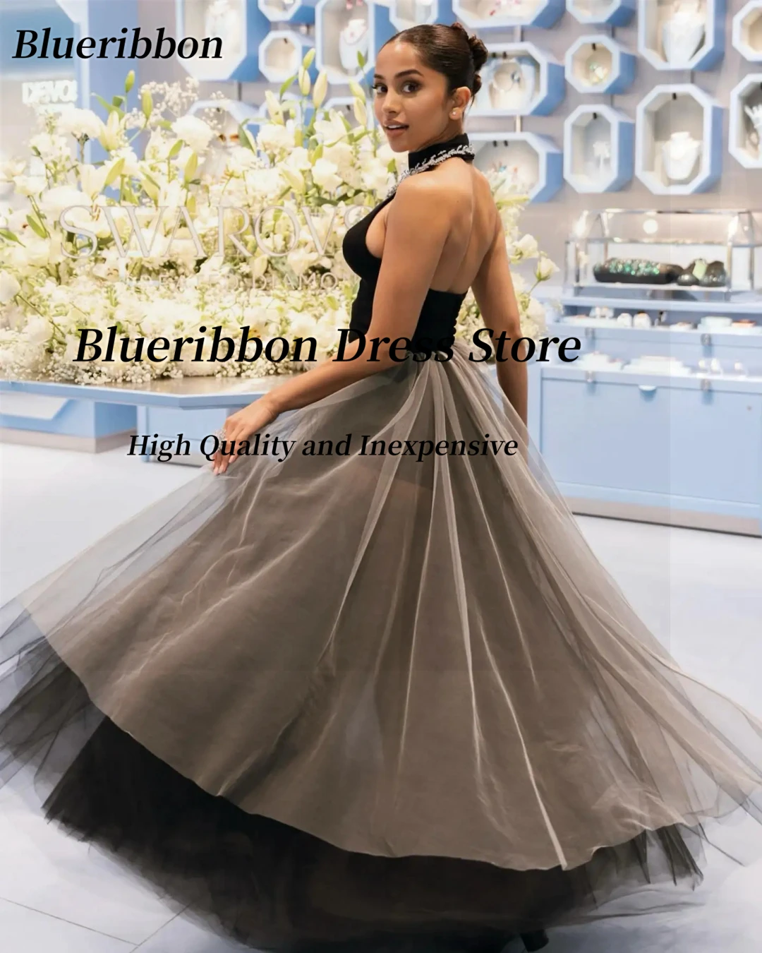 Blueribbon Bespoke Prom Dresses Halter Neck Sleeveless Vestidos Des Fiesta Sexy Back Evening Party Gowns (Without Necklace)