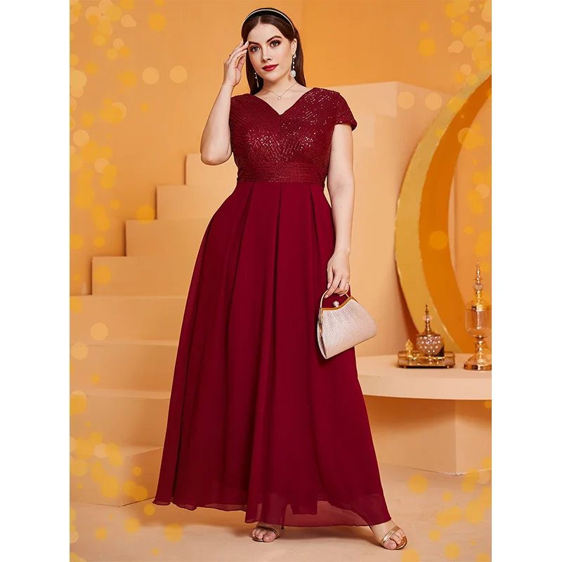 Plus Size Red Round Neck Maxi Sequined Chiffon Dress 4XL 5XL Elegant Luxury Party Prom Long Evening Gown Shiny Plus Size Dreeses