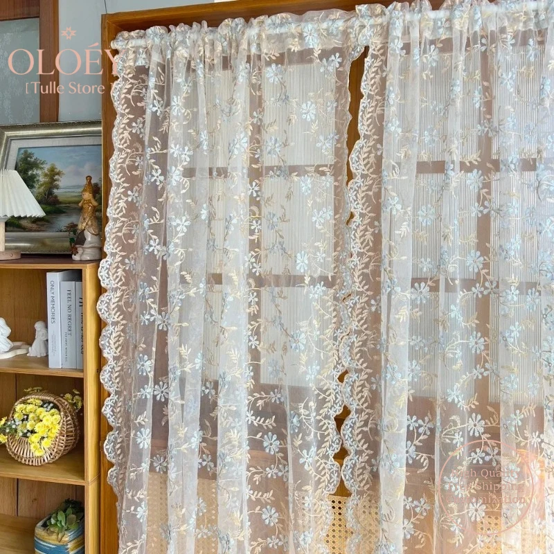 

French Country Rustic Embroidered Flowers Sheer Curtains for Bedroom Kitchen Living Room Window Small Tulle Drapes Vintage Decor