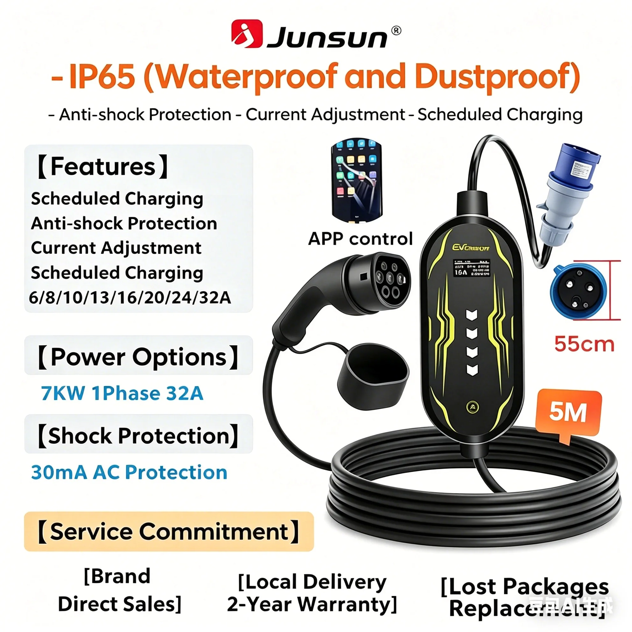 Junsun Type 2 App-gestuurde draagbare EV-lader 6 8 10 13 16 20 24 32A Stroomregelbaar IP65 Waterdicht 3 6KW 7KW Compatibel met geplande laadfunctie Touchscreen bedieningspaneel 2 jaar garantie voor