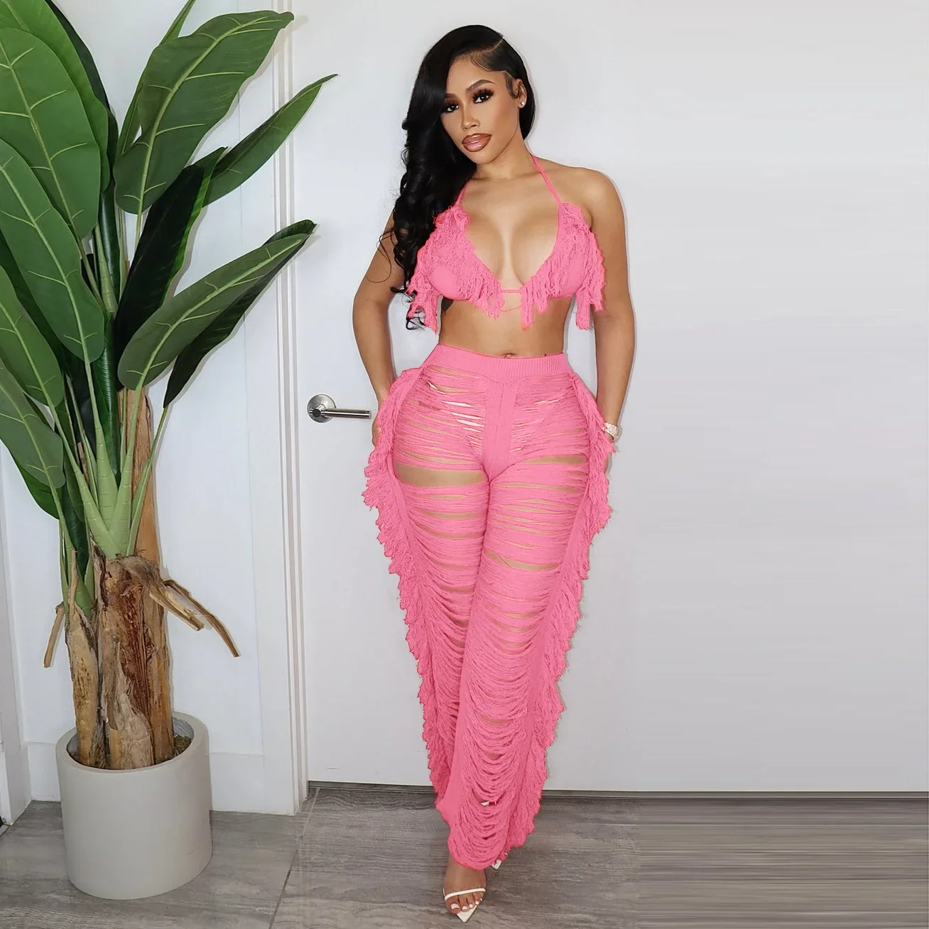 

2025 Summer New Sexy Fringed Knitted Pants Suit European and American Women's Clothing