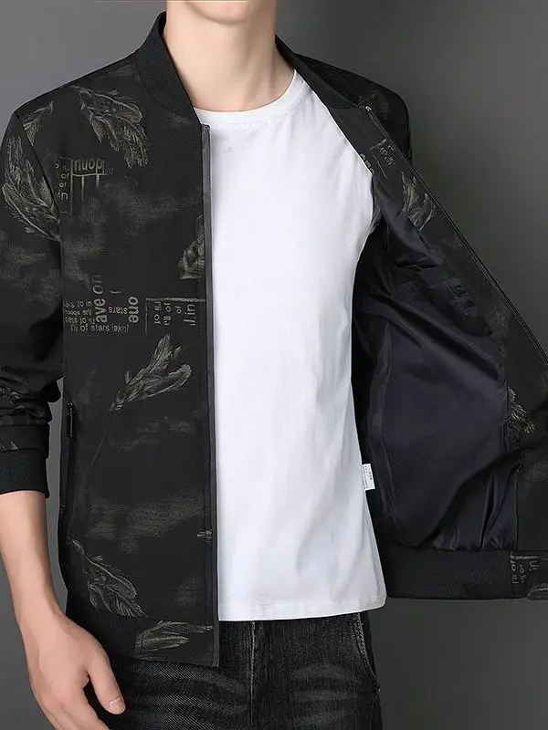 

Повседневное мужское пальто с воротником-стойкой, весна-осень 2024, новинка 2024, универсальное ветрозащитное пальто из полиэфирного волокна с принтом